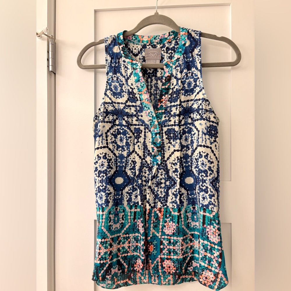 Anthropologie Blue and Green Patterned Blouse